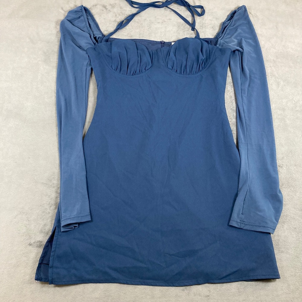 Princess Polly Blue Mini Dress Long Mesh Sleeves Halter Tie Bustier US 4 - Picture 1 of 8